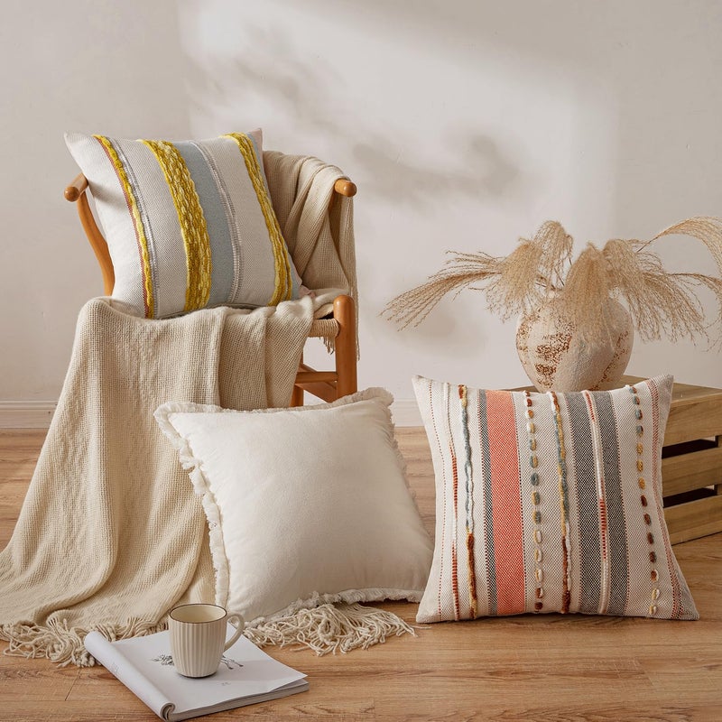 ANRODUO Pack of 2 Boho Decorative Throw Pillow Covers 18x18 Farmhouse Cushion Case Striped Chenille Pillow Cases Square Pillow Covers Accent Neutral Pillowcase for Sofa Couch Bed, Pink Stripe - Image 2