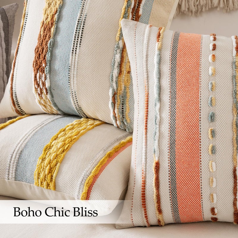 ANRODUO Pack of 2 Boho Decorative Throw Pillow Covers 18x18 Farmhouse Cushion Case Striped Chenille Pillow Cases Square Pillow Covers Accent Neutral Pillowcase for Sofa Couch Bed, Pink Stripe - Image 5
