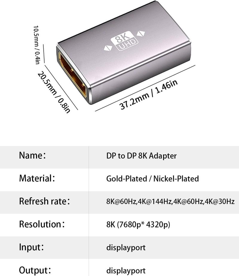 Tobo Displayport to Displayport Coupler1.4, 8K DisplayPort Female to Female Adapter Convertor Extension Adapter for HDTV, Monitors, Laptop, Projector Black (DP to DP Coupler) TD-1387CC - Image 2