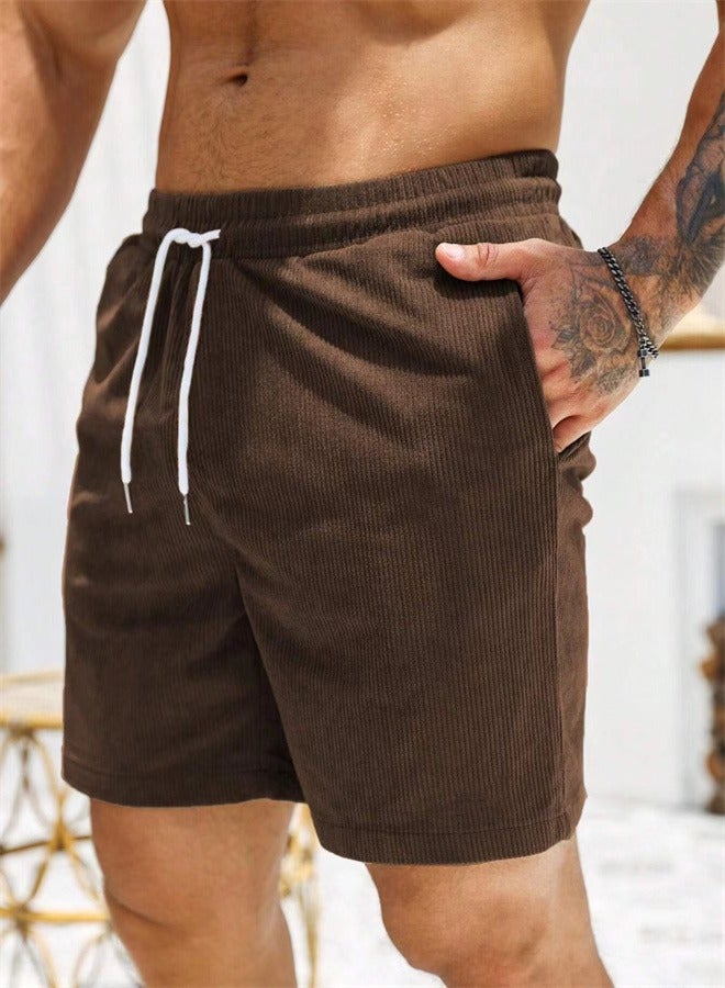 Loquat Solid Color Lace Up Sports Corduroy Minimalist Five Point Shorts Dark Brown  - Image 1