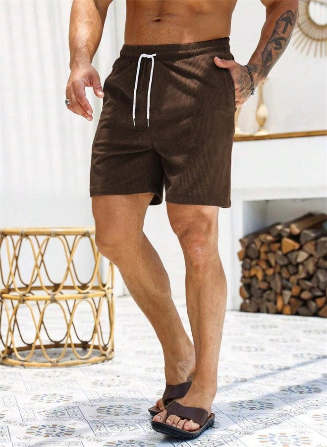 Loquat Solid Color Lace Up Sports Corduroy Minimalist Five Point Shorts Dark Brown  - Image 2