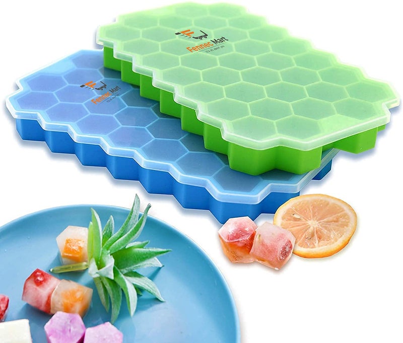 Fennec Mart Silicone Ice Cube Molds with Lid Flexible Ice Trays BPA Free for Whiskey Cocktail Stackable Flexible Safe Ice Cube Molds2PcMulticolor - Image 1