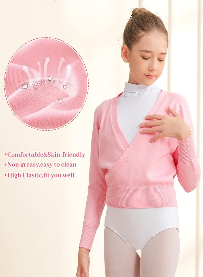 MOLLDAN Girls Wrap Top for Dance Ballet Long Sleeve Warm Up Sweater for Leotards, Pink, M - Image 3