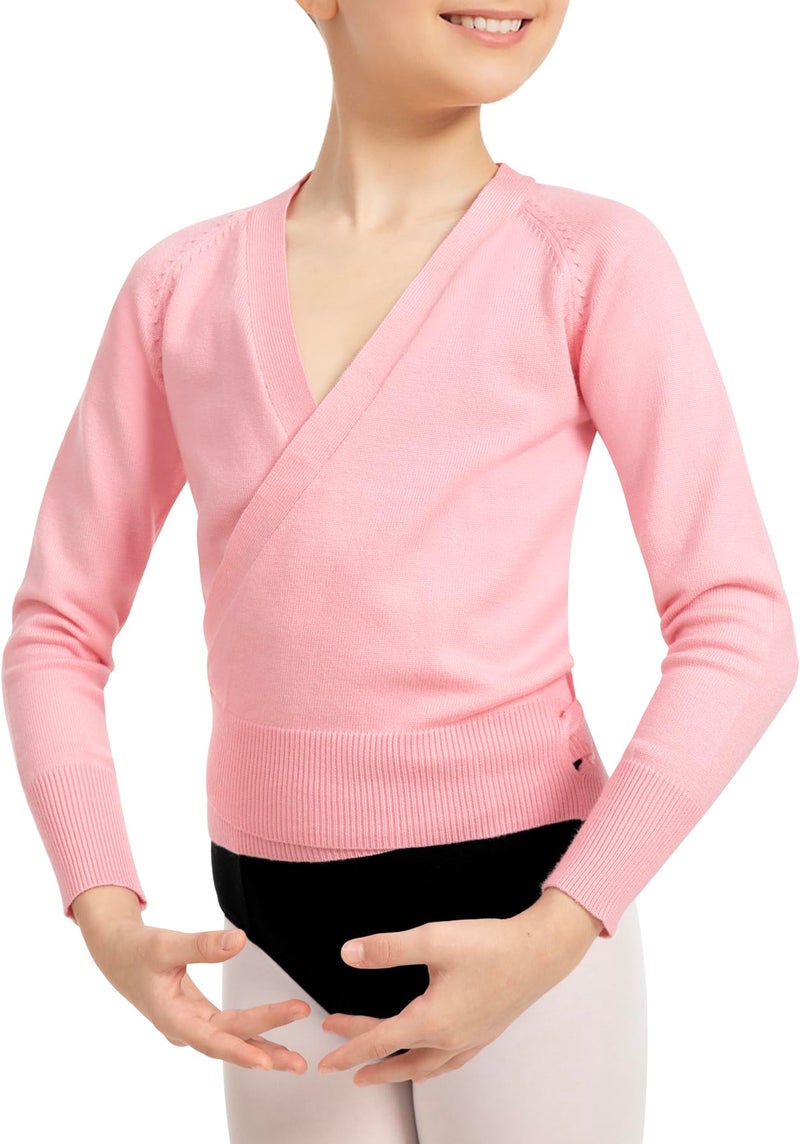 MOLLDAN Girls Wrap Top for Dance Ballet Long Sleeve Warm Up Sweater for Leotards, Pink, M - Image 1