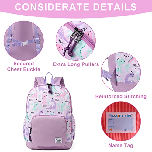 VASCHY Kids backpacks Girls, Cute Lightweight Water Resistant Toddler Kindergarten Preschool Backpack Purple Dinosaurs Purple Dinosaurs - Image 3