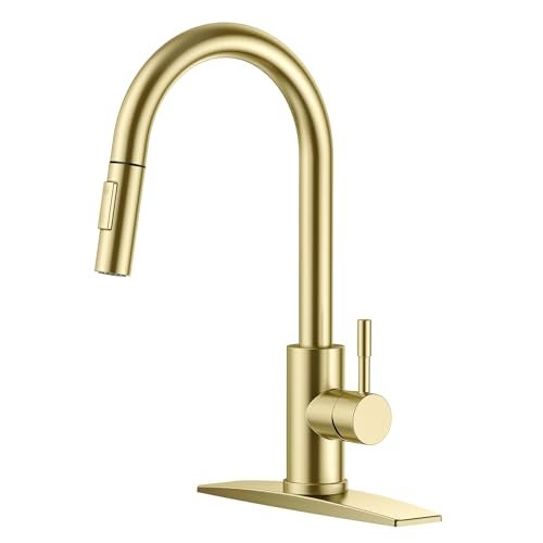 FORIOUS Gold Kitchen Faucet with Pull Down Sprayer, High Arc Modern Classic Sink Faucet Stainless Steel with Deck Fit for 1 or 3 Hole for Pot Filler Bar Farmhouse Laundry Rv, Brushed Champagne Golden - Image 1