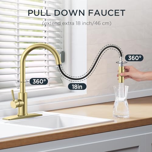 FORIOUS Gold Kitchen Faucet with Pull Down Sprayer, High Arc Modern Classic Sink Faucet Stainless Steel with Deck Fit for 1 or 3 Hole for Pot Filler Bar Farmhouse Laundry Rv, Brushed Champagne Golden - Image 3