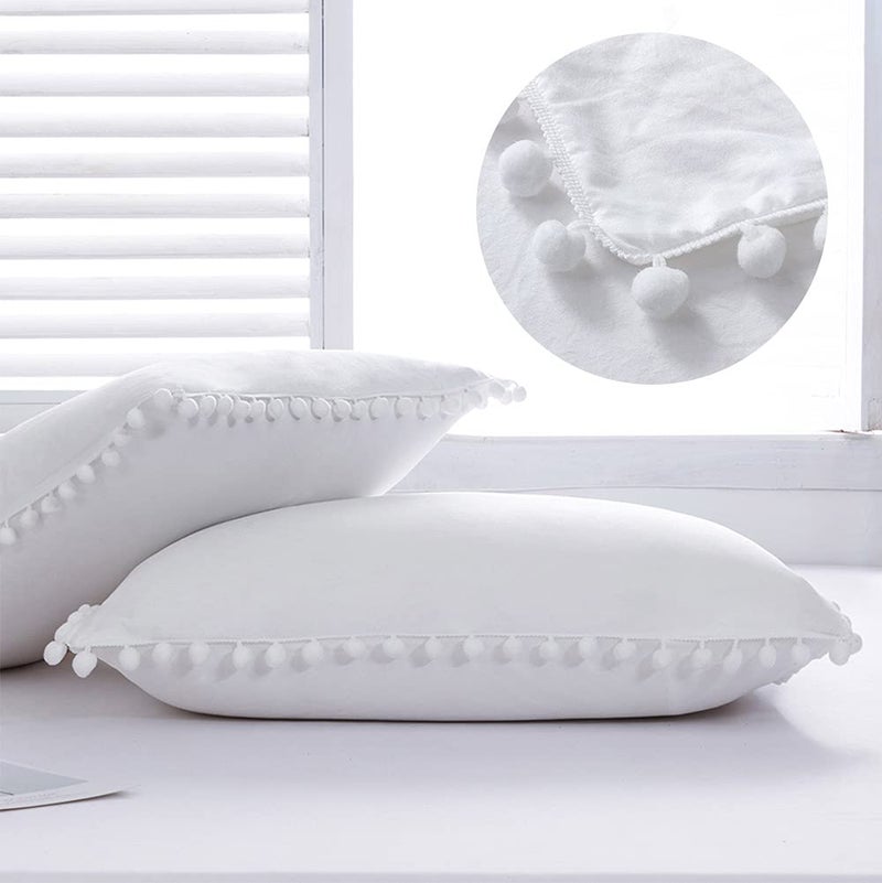 Pom Standard Size Pillow Shams Set of 2  Boho Ball Tassel Trimmed Pillowshams  Pompom Fringe Cute Microfiber Pillowcases 20x26 Inch White