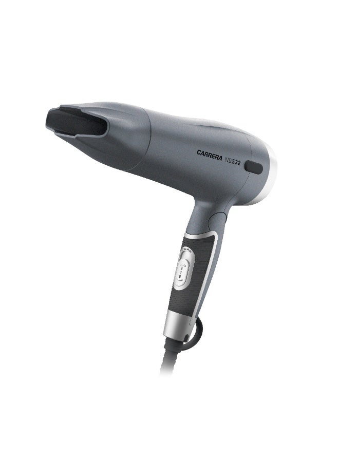 Carrera CRR532 Compact & Foldable Travel Hair Dryer 1600W, Dual Voltage, Ionic Technology, Argan Oil Infusion, Cool Shot, Lightweight, Styling Nozzle, Storage Pouch, 2 Years Warranty - Image 1