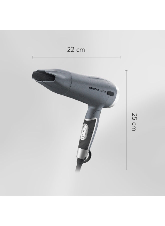 Carrera CRR532 Compact & Foldable Travel Hair Dryer 1600W, Dual Voltage, Ionic Technology, Argan Oil Infusion, Cool Shot, Lightweight, Styling Nozzle, Storage Pouch, 2 Years Warranty - Image 5