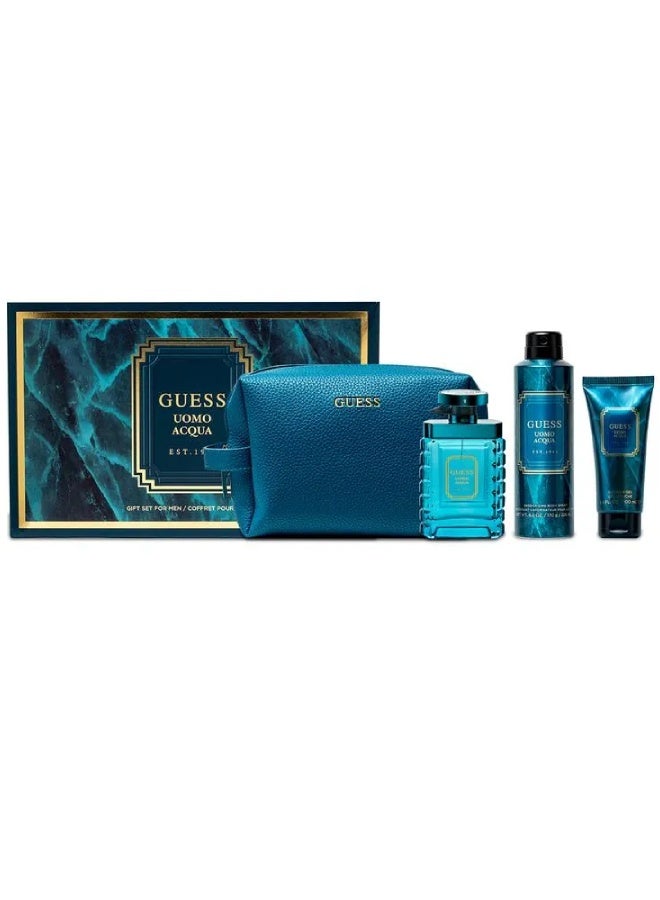 GUESS مجموعة أومو أكوا للرجال – ماء تواليت 100 مل + جل استحمام 100 مل + بخاخ جسم 170 جرام + حقيبة سفر