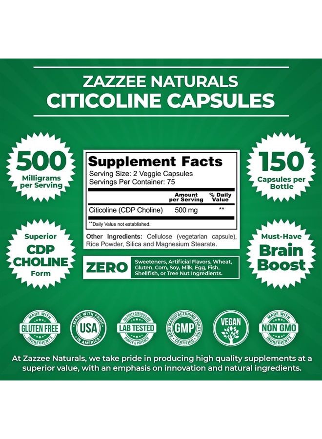 Zazzee Extra Strength Citicoline CDP Choline 500 mg per Serving, 150 Vegan Capsules, Superior CDP Choline Form, Vegan, Non-GMO and All-Natural, Premium Grade, Made in The USA - Image 2