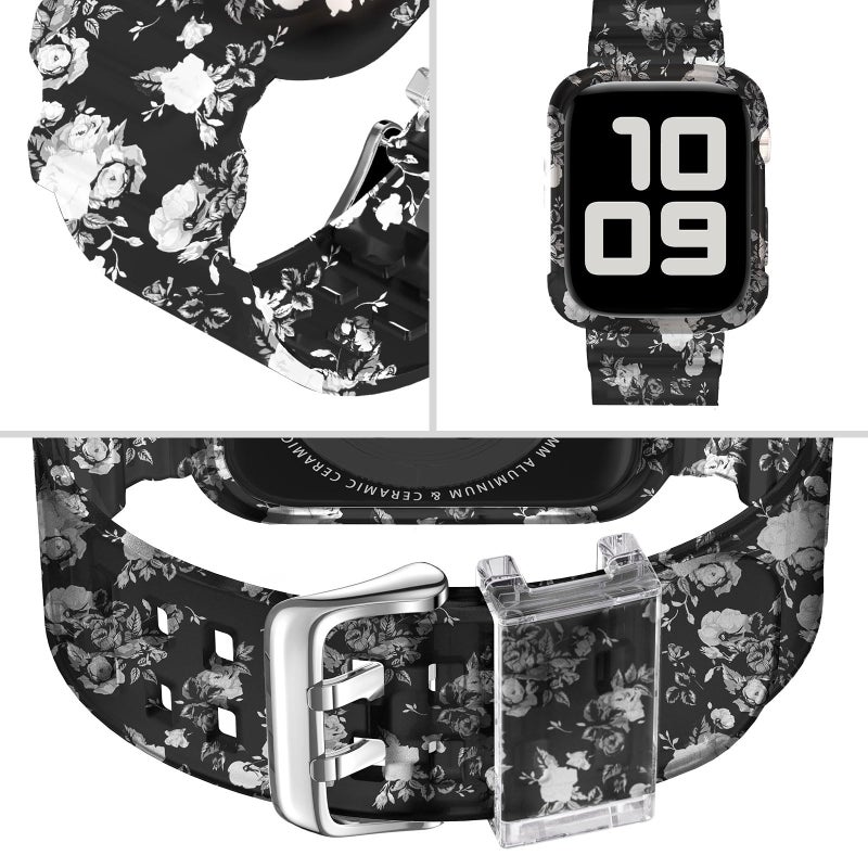 DABAOZA Compatible for Clear Apple Watch Band with Bumper Case 41mm 40mm 38mm, Women Men Glitter Bling TPU Sport Strap for iWatch SE Ultra 3 2 Series 11 10 9 8 7 6 5 4 3 2 1ï¼ˆFlower Black,41/40/38ï¼‰ - Image 3