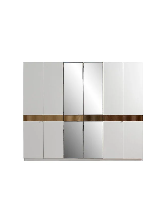 DANUBE HOME Hugo Golden 6 Door Wardrobe Extra Sturdy Closet, Clothes Storage Cupboard Modern Design Space Saving Cabinet For Bedroom L 257 x W 60 x H 214 cm Beige & Golden