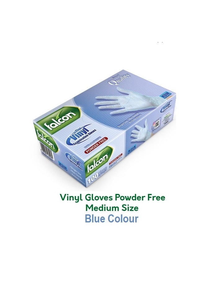 Falcon 100 piece Disposable Vinyl Gloves Powder Free Medium Size, Blue Colour, Pack of 1 - Image 1