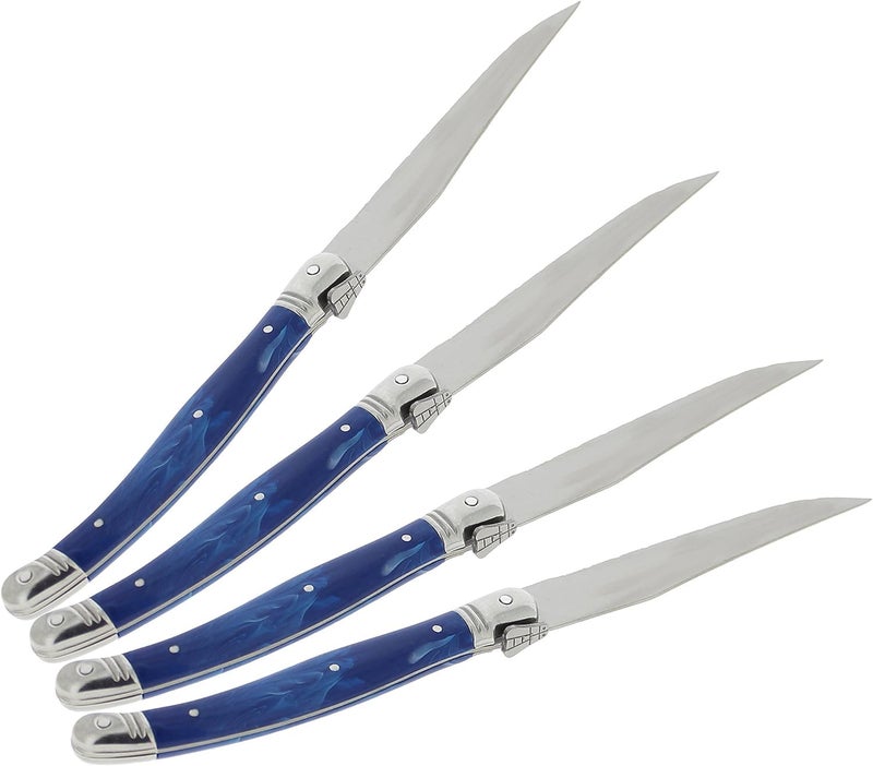 French Home Laguiole 4Piece Steak Knife Set  Sophisticated Stainless Steel Dinner Knives with Blue Marble Handles  Iconic Bee Emblem  Serrated Knives for Smooth Cutting 925
