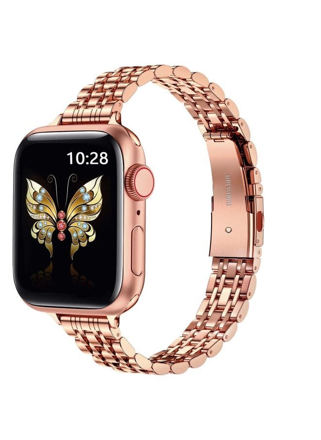 Generic Replacement Strap For Apple Watch Series 4 44mm Slim Seven Bead Slingshot Buckle Metal Watch Band Rose Gold 