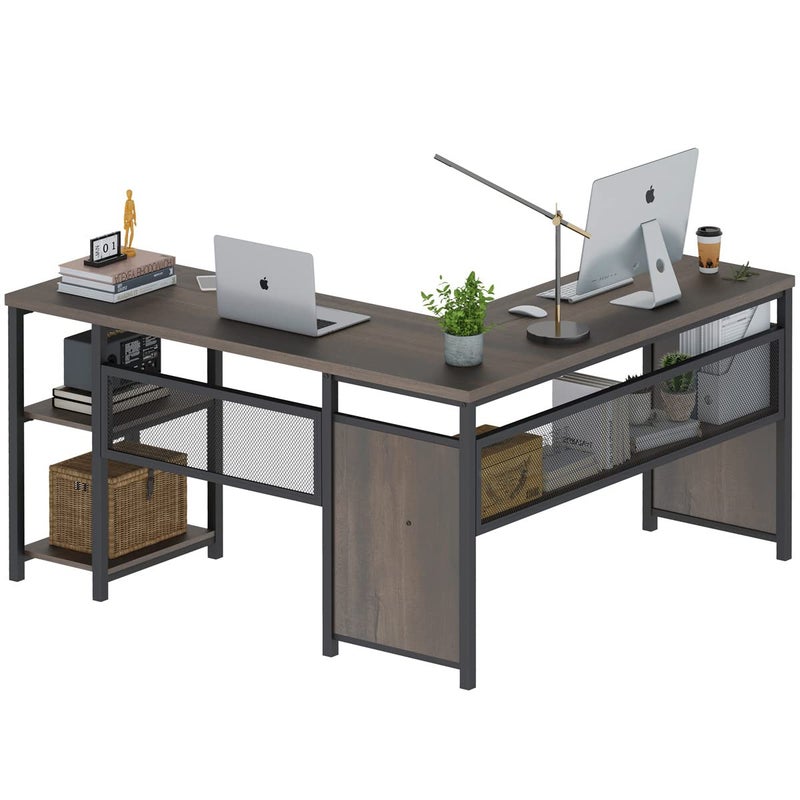 FATORRI L Shaped Desk Industrial Reversible Home Office Computer Desk with Wood Shelves Corner Desks with Metal Legs Walnut Brown 59 Inch