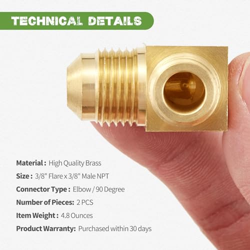 Litorange 2 PCS Heavy Duty Metals Brass Tube Fitting 90 Degree Elbow Adapter 3/8" Flare x 3/8" Male NPT Pipe - Image 4