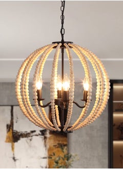 Ganeed Boho Wood Bead Chandelier, 4-Lights Modern Pendant Lighting, Farmhouse Bohemian Vintage Industrial Ceiling Hanging Light Fixture for Entrance Bedroom Kitchen Living Room Restaurant Bar Corridor  - Image 2