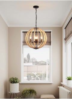 Ganeed Boho Wood Bead Chandelier, 4-Lights Modern Pendant Lighting, Farmhouse Bohemian Vintage Industrial Ceiling Hanging Light Fixture for Entrance Bedroom Kitchen Living Room Restaurant Bar Corridor  - Image 1