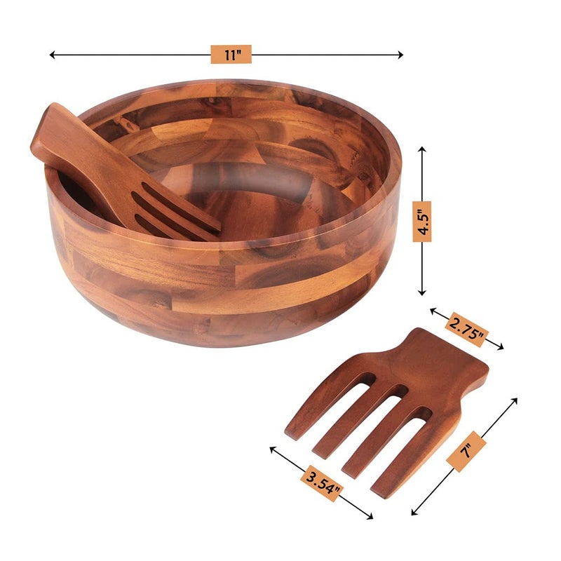 AIDEA Acacia Wood Salad Bowl Set with 2 Wooden Hands, Large Salad Bowl with Serving Utensils, Big Mixing Bowl for Fruits, Salad, Cereal, Corn flake,Pasta 11" Diameter x 4.5" Height - Image 2