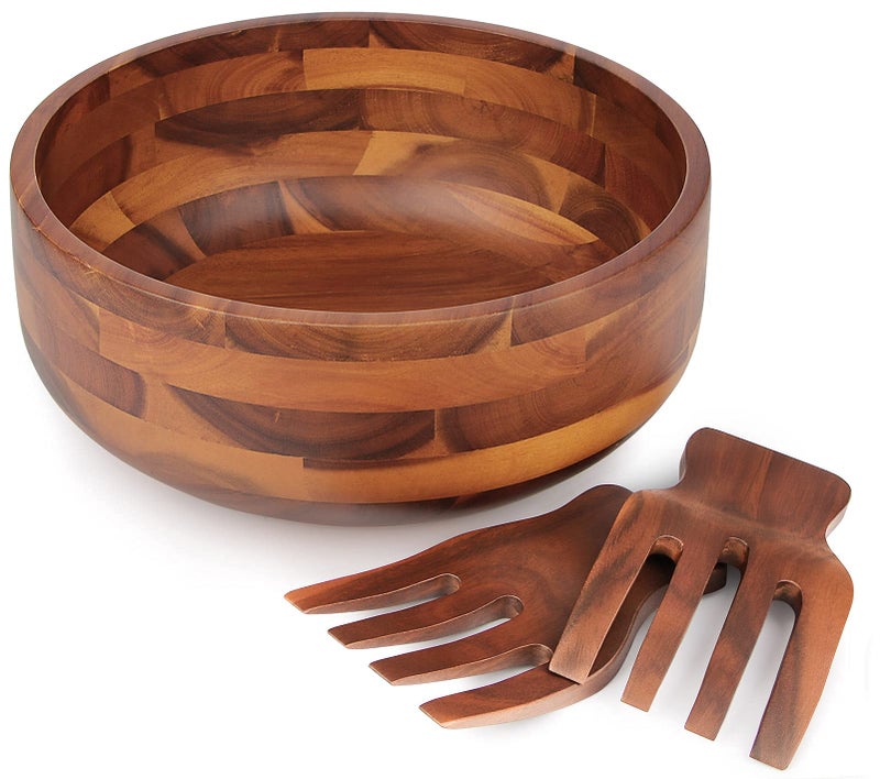 AIDEA Acacia Wood Salad Bowl Set with 2 Wooden Hands, Large Salad Bowl with Serving Utensils, Big Mixing Bowl for Fruits, Salad, Cereal, Corn flake,Pasta 11" Diameter x 4.5" Height - Image 1
