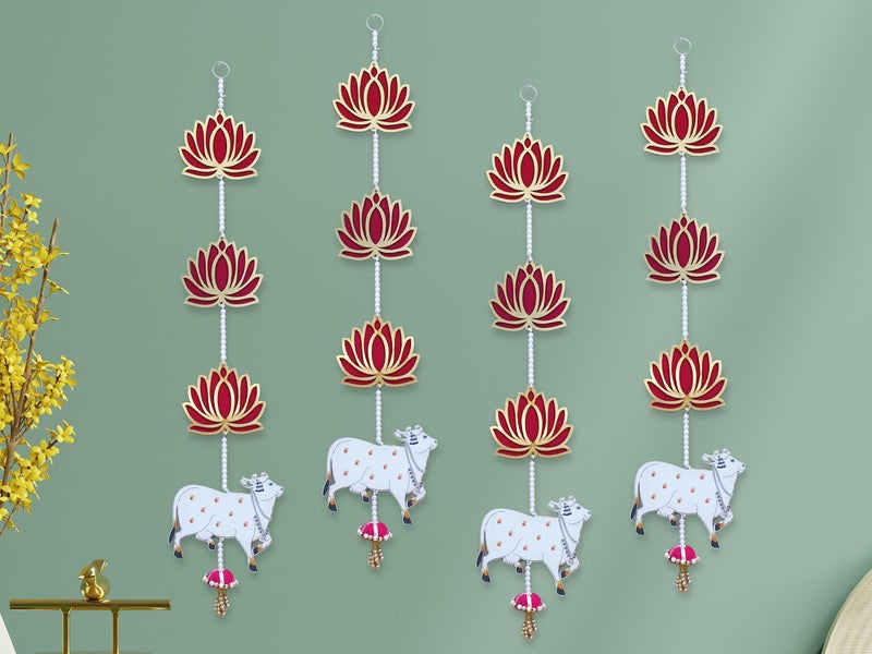 JH Gallery Lotus with Pichwai Cow Wall and Door Hanging - Home, Mandir Decorations Items, Diwali Décor, All Festival Décor, Decorative Pooja Room Temple Decoration (32'' Height - Pack of 4), 81.28 Cm - Image 3