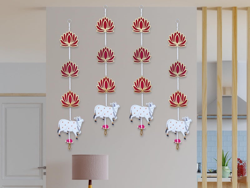 JH Gallery Lotus with Pichwai Cow Wall and Door Hanging - Home, Mandir Decorations Items, Diwali Décor, All Festival Décor, Decorative Pooja Room Temple Decoration (32'' Height - Pack of 4), 81.28 Cm - Image 1