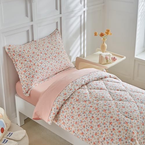 DuShow Toddler Bedding Set for Girls4 Pieces Floral Toddler Girl Comforter SetSuper Soft Reversible Toddler Sheet SetLightweight Crib Bed Set Pink - Image 3