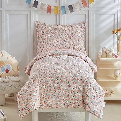 DuShow Toddler Bedding Set for Girls4 Pieces Floral Toddler Girl Comforter SetSuper Soft Reversible Toddler Sheet SetLightweight Crib Bed Set Pink - Image 1