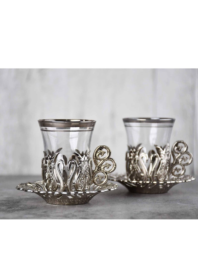 Acar Handmade Turkish Tea Set (6 Cups with Saucers and Holders) – Featuring an Antique Silver Touch and Luxurious Design, Made in Türkiye - Image 1