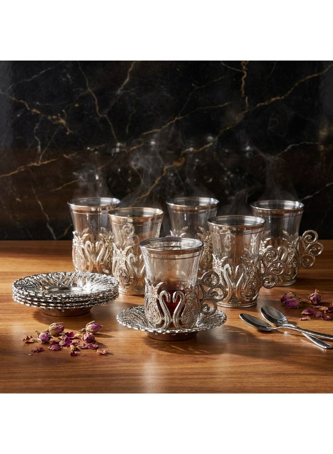 Acar Handmade Turkish Tea Set (6 Cups with Saucers and Holders) – Featuring an Antique Silver Touch and Luxurious Design, Made in Türkiye - Image 2