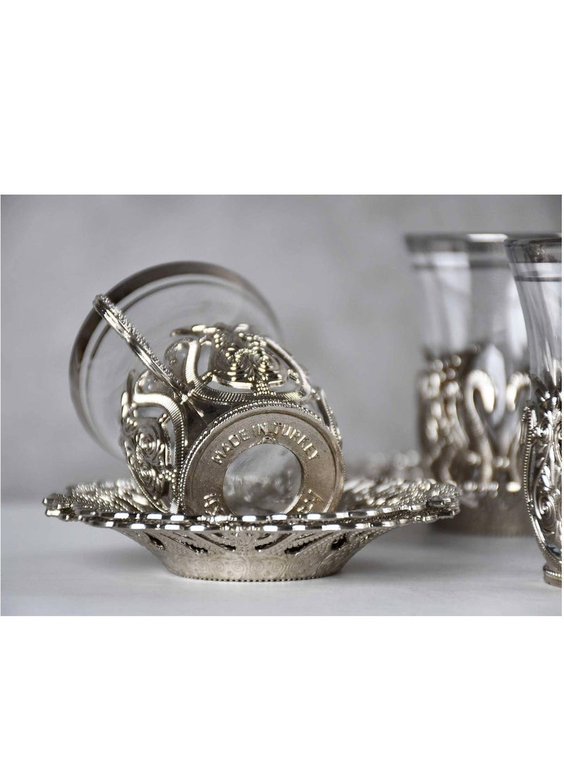 Acar Handmade Turkish Tea Set (6 Cups with Saucers and Holders) – Featuring an Antique Silver Touch and Luxurious Design, Made in Türkiye - Image 5