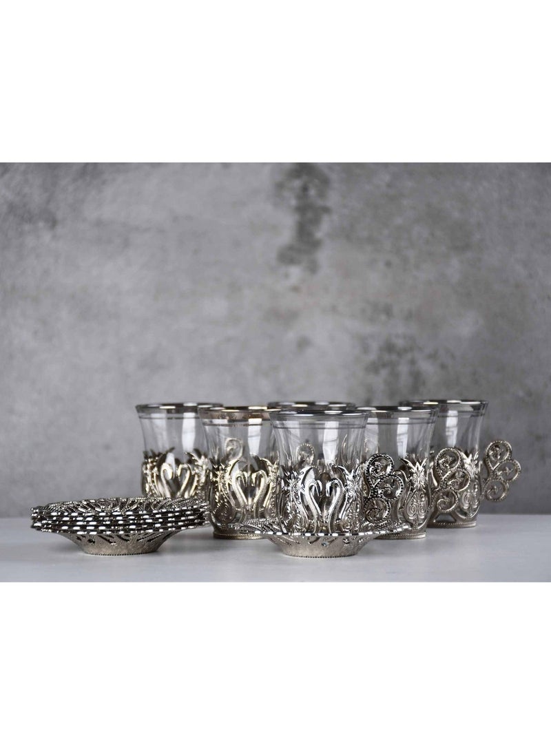 Acar Handmade Turkish Tea Set (6 Cups with Saucers and Holders) – Featuring an Antique Silver Touch and Luxurious Design, Made in Türkiye - Image 4