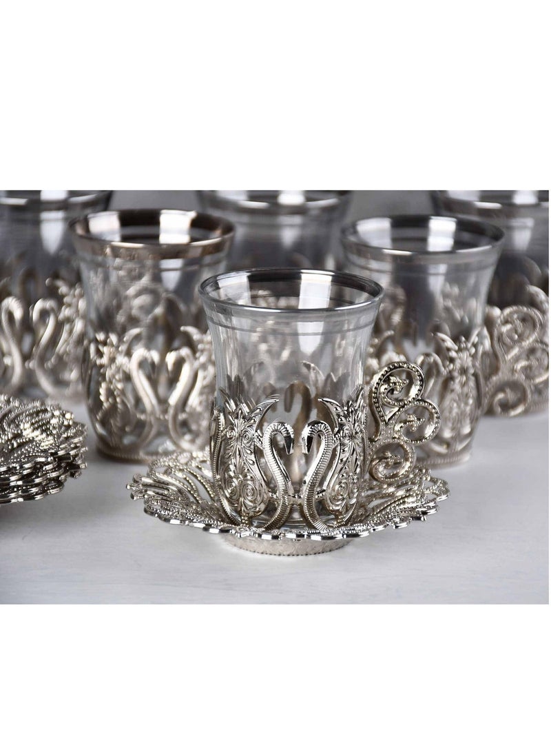 Acar Handmade Turkish Tea Set (6 Cups with Saucers and Holders) – Featuring an Antique Silver Touch and Luxurious Design, Made in Türkiye - Image 3