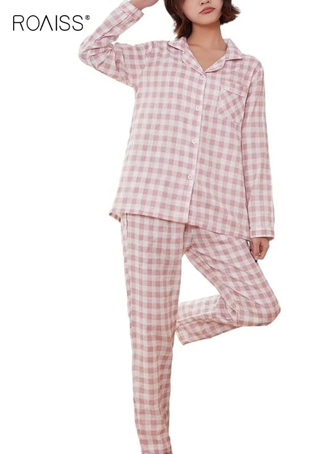 roaiss Women Cotton Gauze Pajamas Set Long Sleeve top and Pants 2 Piece plaid shirt button lapel loose Home Clothes for women casual wear spring summer Drawstring Pj Set - Image 2