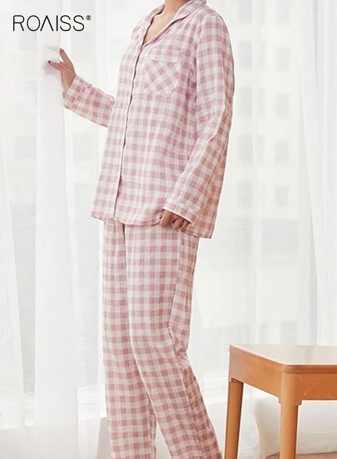 roaiss Women Cotton Gauze Pajamas Set Long Sleeve top and Pants 2 Piece plaid shirt button lapel loose Home Clothes for women casual wear spring summer Drawstring Pj Set - Image 3