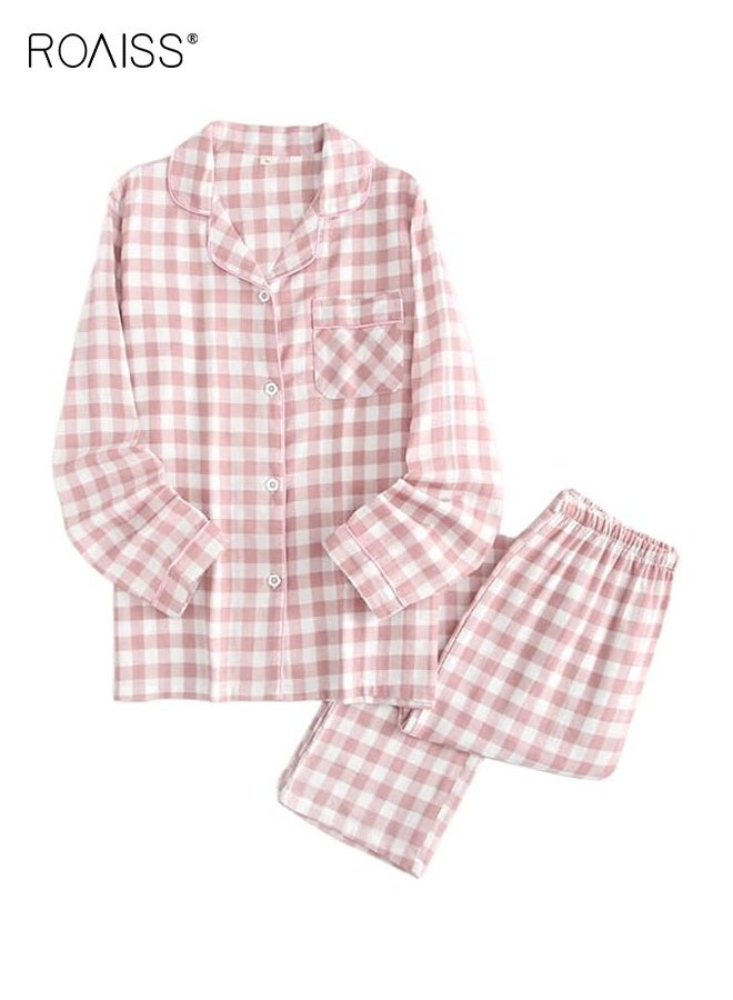 roaiss Women Cotton Gauze Pajamas Set Long Sleeve top and Pants 2 Piece plaid shirt button lapel loose Home Clothes for women casual wear spring summer Drawstring Pj Set - Image 1