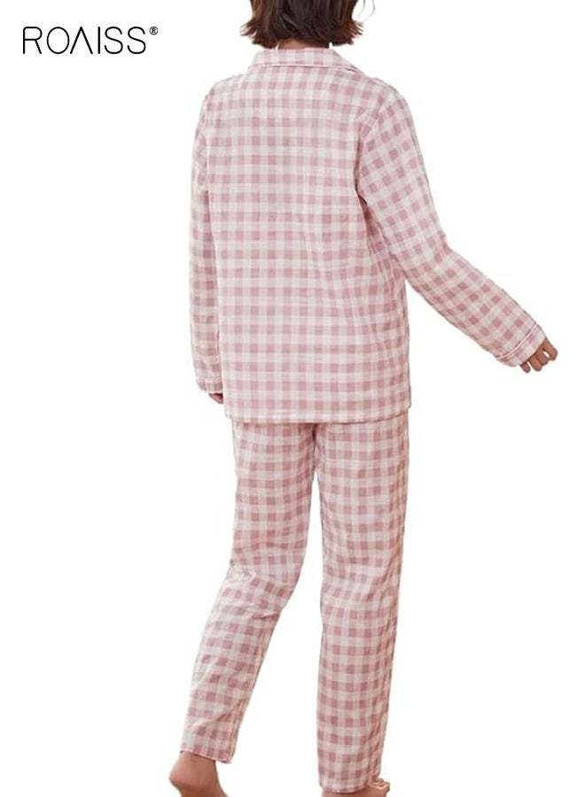 roaiss Women Cotton Gauze Pajamas Set Long Sleeve top and Pants 2 Piece plaid shirt button lapel loose Home Clothes for women casual wear spring summer Drawstring Pj Set - Image 4