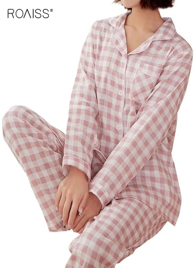 roaiss Women Cotton Gauze Pajamas Set Long Sleeve top and Pants 2 Piece plaid shirt button lapel loose Home Clothes for women casual wear spring summer Drawstring Pj Set - Image 5