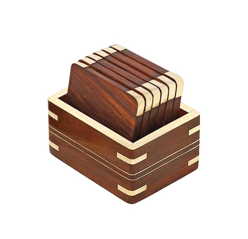 Woodiva Wooden Drink & Glass Coasters - Set of 6 with Holder | Durable Wood Table Coasters for Tea Cups, Coffee Mugs, Beer Cans & Tumblers | Rustic Coaster Set for Home & Kitchen Decor - Image 1