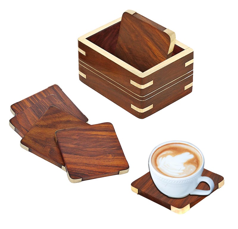 Woodiva Wooden Drink & Glass Coasters - Set of 6 with Holder | Durable Wood Table Coasters for Tea Cups, Coffee Mugs, Beer Cans & Tumblers | Rustic Coaster Set for Home & Kitchen Decor - Image 5