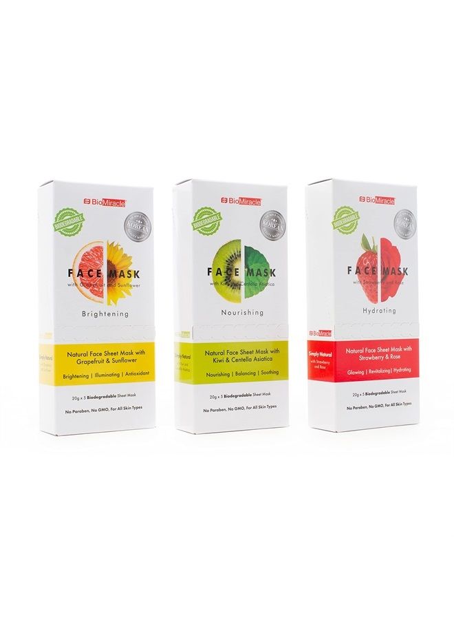 BioMiracle Natural Face Mask Variety Pack, Pack of 15, with Hydrating Face Masks, Nourishing Face Masks, and Brightening Face Masks - Image 1