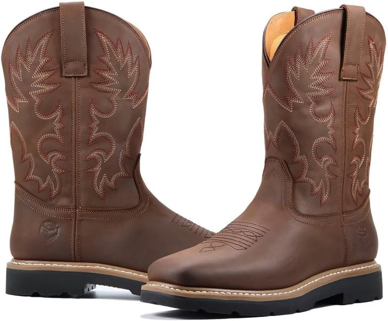 SUREWAY Mens Western Square Toe Cowboy Boots for Men,Soft/Steel Toe Full Grain Leather Slip On Pull On Work Boots for Construction Farming,Steel Toe Brown,Size 10 - Image 5
