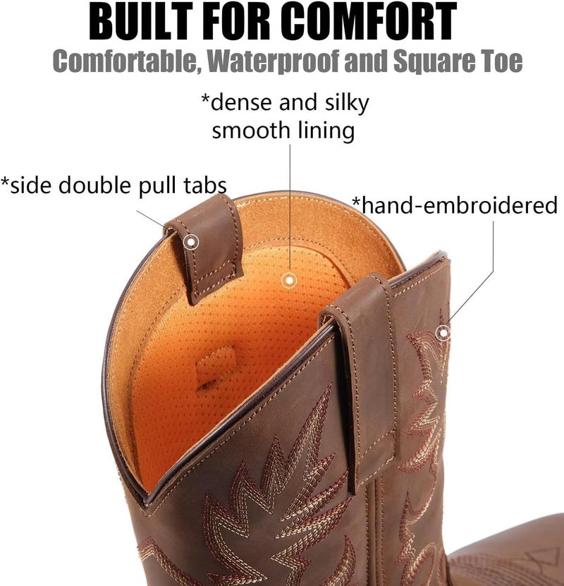 SUREWAY Mens Western Square Toe Cowboy Boots for Men,Soft/Steel Toe Full Grain Leather Slip On Pull On Work Boots for Construction Farming,Steel Toe Brown,Size 10 - Image 3