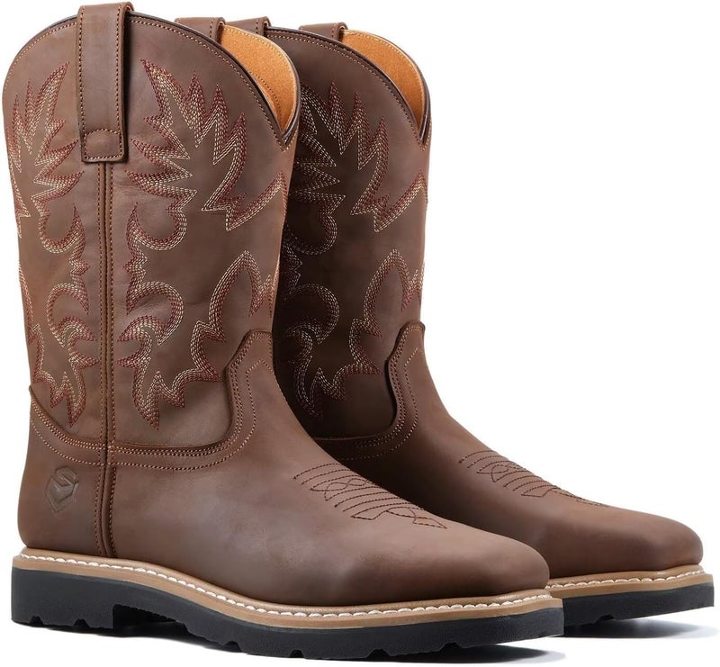 SUREWAY Mens Western Square Toe Cowboy Boots for Men,Soft/Steel Toe Full Grain Leather Slip On Pull On Work Boots for Construction Farming,Steel Toe Brown,Size 10 - Image 4