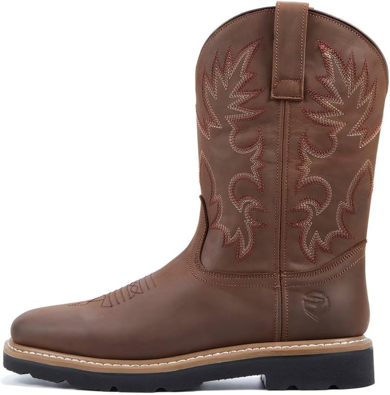 SUREWAY Mens Western Square Toe Cowboy Boots for Men,Soft/Steel Toe Full Grain Leather Slip On Pull On Work Boots for Construction Farming,Steel Toe Brown,Size 10 - Image 2