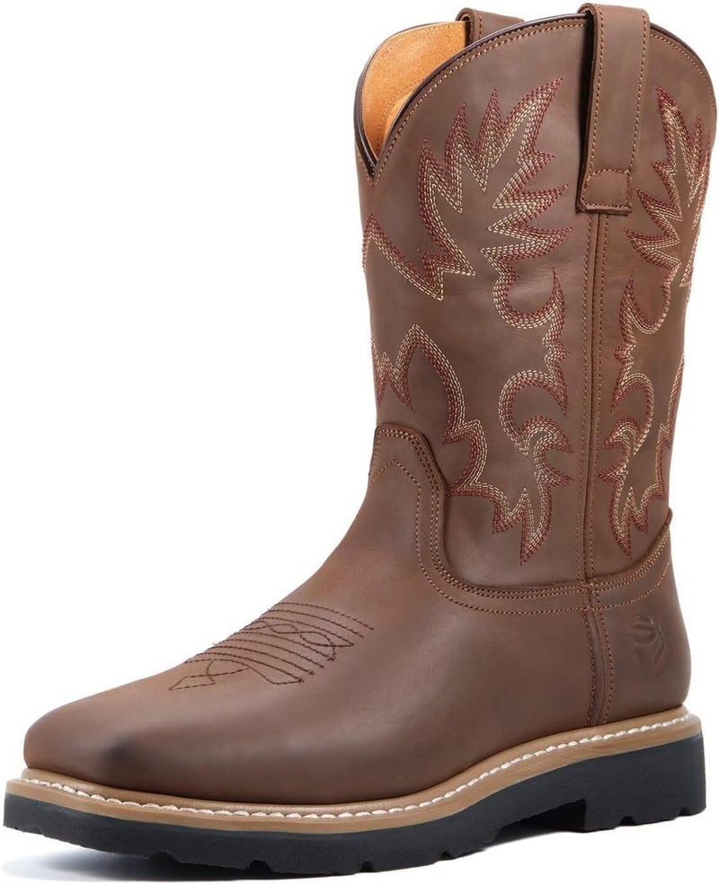 SUREWAY Mens Western Square Toe Cowboy Boots for Men,Soft/Steel Toe Full Grain Leather Slip On Pull On Work Boots for Construction Farming,Steel Toe Brown,Size 10 - Image 1