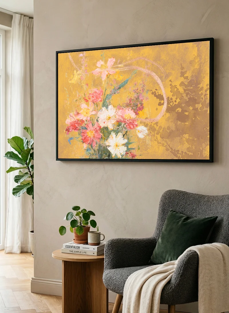 LOWHA Canvas Wall Art Stretched Over Wooden Frame with Black Floating Frame and Colorful Flowers Abstract Design